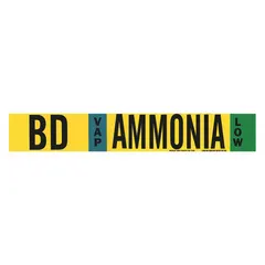 Ammonia adhesive pipe marker for IIAR system abbreviation BD, VAP phase, low pressure level. Fits pipe outer diameter 2-1/2 to 7-7/8 inches. Supplied without arrows, printed in English. Used to identify ammonia vapor piping in industrial refrigeration systems.