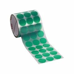 Polyester film masking tape discs for high-temperature masking applications such as powder coating, painting, and plating. Each disc has a 1/4 in diameter and 2 mil thickness, supplied in a 2,000-piece pack. The tape is 72 yd long and provides clean removal without adhesive residue.