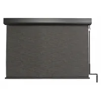 This exterior sun shade from the Titanium Plus Series features a 72-inch valence width and Kona fabric color. It provides 90% UV protection and is operated via a pole-and-crank mechanism on the right side. The shade includes a bungee and hook tie-down system and an oil-rubbed bronze valance. Suitable for patios, decks, or commercial outdoor spaces