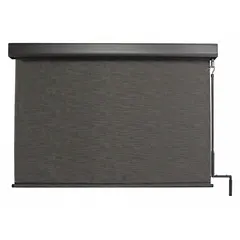 This exterior sun shade from the Titanium Plus Series features a 72-inch valence width and Kona fabric color. It provides 90% UV protection and is operated via a pole-and-crank mechanism on the right side. The shade includes a bungee and hook tie-down system and an oil-rubbed bronze valance. Suitable for patios, decks, or commercial outdoor spaces.
