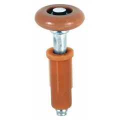 This hanging door guide roller is designed for sliding door applications. It measures 3-3/4 inches in width and supports a maximum weight of 30 lb per pair. The roller facilitates smooth door operation within its specified load limit.
