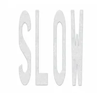 White thermoplastic pavement marking with 'Slow' legend, measuring 8 ft long by 6 1/8 ft wide. Applied via hand torch for permanent adhesion. Used to indicate speed-reduction zones on roadways, parking lots, and industrial pavements
