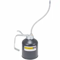 This lever-grip oil dispenser has a 16 fl oz capacity steel body with a powder-coated copper bronze finish. It includes an 8-inch flexible spout and a replacement spout; the straight and angle spout tips incorporate an oil cup cap lifter. Suitable for manual lubrication of machinery, bearings, and moving parts in industrial and maintenance settings
