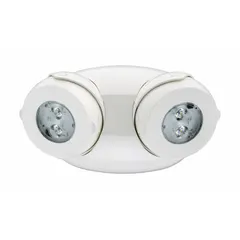 Thermoplastic remote head for emergency lighting systems. White housing, wall mount, adjustable head. Operates on 7 to 30 V with two 3 W lamps. Compatible with ELM6L LLH LTP HO series.