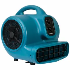 Portable centrifugal blower with a 1/3 hp motor, 115V AC, and three selectable speeds. Features a fixed frame and ABS housing in blue. Suitable for general ventilation and air movement tasks such as drying, cooling, and exhausting air from confined spaces.