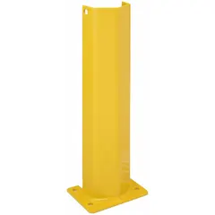 This floor-mount steel post protector shields pallet rack uprights from impact in warehouses and distribution centers. Made of yellow steel, it measures 8 in x 6 in x 24 in and includes four 1/2 in x 3-3/4 in mounting anchors for bolt-on installation.