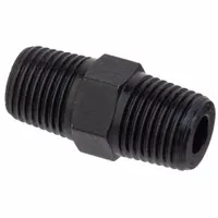 This zinc-plated threaded pipe fitting is a straight connector with 1/4 in x 1/4 in thread size, rated Class 1000 for a maximum operating pressure of 1,000 psi. It has an overall length of 1 3/8 in. Used to join two male-threaded pipes in a straight line in hydraulic, pneumatic, or fluid systems