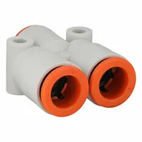 This push-fit wye fitting is made of polybutylene terephthalate in white. It has three ports, each sized for 3/8 in OD tubing. Used to split or combine tubing lines in pneumatic systems, it enables quick, tool-free connections