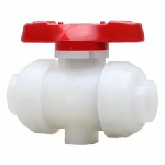 This ASAHI ball valve features a PVDF body with full port ball port and a Tee handle. Rated for a maximum working pressure of 150 psi (CWP). Suitable for on/off flow control in industrial piping systems handling corrosive fluids, such as in chemical processing and water treatment applications.