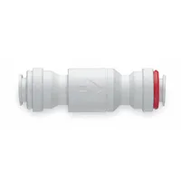 This inline check valve features an acetal body and stainless steel poppet, with 5/16 in push-fit connections. NSF 51 certified for use in food-grade and industrial fluid systems to prevent backflow. Suitable for beverage dispensing, water filtration, and low-pressure pneumatic lines