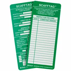 Green/white rectangular polyester tag for outdoor use. Measures 7-5/8 in height by 3-1/8 in width, 0.01 in thick. Supplied in a 100-pack. Commonly used for scaffold inspection labeling and identification in industrial facilities.