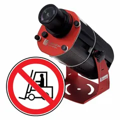 This 80 W LED projector uses a white laser to project a fixed 'No Forklift' legend onto floors or walls. It is supplied as a lens and image template unit and includes mounting brackets. Typical applications include safety signage and hazard marking in industrial facilities.