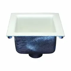 Square cast iron floor sink with 12-inch overall width, 6-inch sump depth, and 4-inch nominal pipe size. No-hub connection with white enamel finish. Includes grate. Used to collect and drain wastewater in commercial or industrial floor areas.