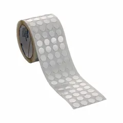 Aluminum foil tape disc with acrylic adhesive for electroplating masking applications. Each disc measures 7/8 in width and 3/8 in diameter with a 2.8 mil thickness. Supplied in a pack of 2,000 discs.