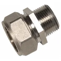 Brass compression fitting adapter for connecting 3/4 in OD tubing to 3/4 in male NPT threads. Designed for compressed air systems, providing a leak-resistant seal in pneumatic lines. Suitable for industrial automation, manufacturing, and plant maintenance applications