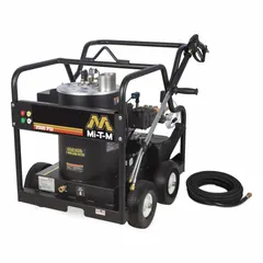 This hot water pressure washer operates at 2,000 psi and 3 gpm with a 4 hp motor on 230 V single-phase power. It features a direct pump drive and uses No. 1 Fuel Oil for its burner. Suitable for cleaning tasks such as removing grease, oil, and grime from equipment and surfaces in industrial and maintenance settings.