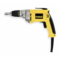 The DEWALT DW276 is a corded drywall screw gun with a 1/4-inch drive, delivering up to 132 in-lb of torque. It operates on 120 V AC power and features a trigger switch with a pistol grip design. This tool is intended for fastening drywall to wood or light-gauge steel studs in construction and renovation work.