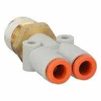This SMC wye fitting is made of polybutylene and brass, featuring a push-fit design for tool-free installation on tube ends. It connects two 3/16 in OD tubes and one 1/4 in pipe, used to split or merge flow in pneumatic or fluid systems