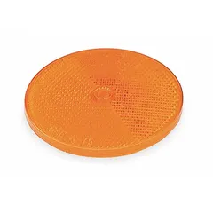 Round amber stick-on reflector made of acrylic. Measures 2-1/2 in overall length and width. Meets SAE A standards. Used for vehicle conspicuity marking on trucks, trailers, and equipment.