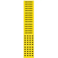 Yellow adhesive pipe marker with black legend text reading 'Liquid Nitrogen'. Designed for pipes with outer diameter of 3/4 inch and smaller. Set includes 3 markers without arrows. Used for identifying liquid nitrogen lines in piping systems