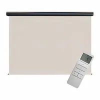 Motorized outdoor shade with remote control, 8 ft valence width, cream fabric, and oil-rubbed bronze valance. Provides 90% UV protection. Cable tie-down system secures the shade. Suitable for patios, decks, and pergolas