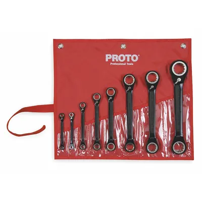 PROTO Box End Wrench Set: Alloy Steel, Black Chrome, 8 Tools, 0° Head Offset Angle - SAE, Double End, 12-Point, Ratcheting Box End Wrench Sets