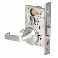 This office lever lockset features a satin chromium-plated stainless steel finish and is ADA compliant for accessible operation. It includes an interchangeable core for quick rekeying without removing the lockset. Designed for left-hand doors, it is suitable for interior commercial applications such as offices and schools where flexible access control is needed