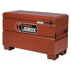 Chest-style jobsite box with 10.5 cu ft capacity, measuring 20 inches wide by 42 inches deep by 27-1/2 inches high. Features a padlock hasp for securing tools and equipment. Finished in brown. Suitable for construction sites, workshops, and industrial facilities.