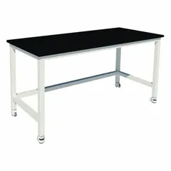 Fixed-height lab table with an epoxy countertop, 36 in overall height, 6 ft overall length, and 2,000 lb load capacity. Equipped with vibration-isolating casters to minimize equipment vibration. Suitable for supporting heavy instrumentation and testing apparatus in laboratory or industrial settings.