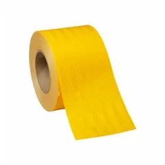 Fluorescent yellow reflective tape with acrylic adhesive, supplied in 4-inch width by 50-yard length. Designed for conspicuity marking on locomotives and rail cars to enhance visibility in low-light conditions.