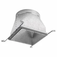 Square to round adapter boot made of steel. Features a 12-inch diameter round opening and a 12-inch high by 12-inch wide square collar. Used to transition square ductwork to a round vent pipe in HVAC systems.