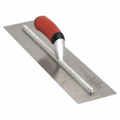 This square-end finishing trowel features a carbon steel blade with a square shape and curved design. The DuraSoft handle provides comfort during use. It is suited for smoothing and finishing concrete surfaces, particularly in corners and edges.
