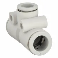 This SMC push-fit tee fitting is made of white polybutylene terephthalate. It connects three tubes with outer diameters of 10 mm, 10 mm, and 8 mm. Used in pneumatic systems for branching or splitting tubing lines