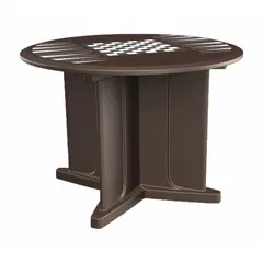 This 48-inch diameter round X-base table features a brown polyethylene top with an included game surface. The base accepts ballast for added stability. Suitable for break rooms, cafeterias, and other indoor or outdoor group seating areas.