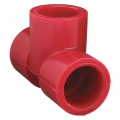 This NIBCO tee pipe fitting is made from red polyvinylidene, Schedule 80, with a 3/4 in x 3/4 in x 3/4 in fitting pipe size. It complies with ASTM D3222 standards and is designed for UV-resistant service. Used to join three pipes at a 90-degree branch in industrial piping systems handling corrosive fluids.