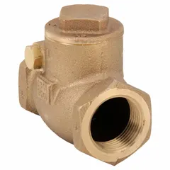This bronze inline swing check valve features a 1-inch pipe size with FNPT x FNPT connections. The swing mechanism allows flow in one direction and automatically closes to prevent backflow. Commonly used in water, oil, and gas piping systems to protect pumps and equipment.