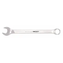 Alloy steel combination wrench with a chrome finish. Features a 19 mm 12-point head and offset design for access to recessed fasteners. Overall length of 9 3/4 inches. Used for tightening or loosening metric fasteners in mechanical assembly and maintenance tasks.