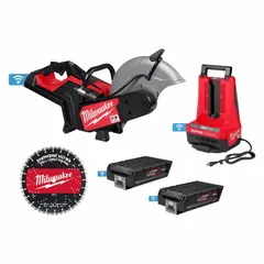This cordless handheld concrete saw is designed for wet cutting of concrete, masonry, and asphalt. It features a 14 in blade diameter, max blade speed of 5,370 RPM, and a max cutting depth of 5 ft. The kit includes (2) batteries for on-site use.