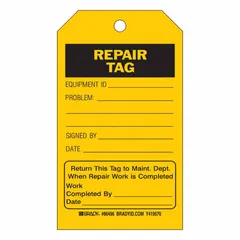 This polyester repair tag is used to mark equipment that is out of service or awaiting maintenance. The black/yellow design and matte finish provide clear visibility in indoor and outdoor industrial environments. Sold in a 10-pack.