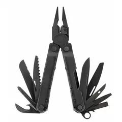 Full-size fold-open multi-tool with 17 tools and 17 functions, including 420HC serrated knife, saw, pliers, and 8-inch ruler. Stainless steel construction with black finish. Closed length 4 inches. Suitable for cutting, gripping, sawing, and fastening tasks in maintenance and repair work.