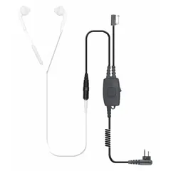 This surveillance kit includes an earbud, a push-to-talk button, and a shirt/lapel microphone with two wires. It is designed for discreet two-way radio communication, enabling hands-free operation in security and monitoring applications.