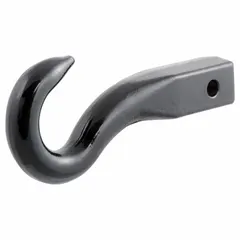 CURT tow hook made of carbide with a black finish. Overall length of 10 inches, width of 2 inches, and hook size of 3/4 inch. Used for vehicle recovery and towing in off-road, agricultural, and industrial applications.