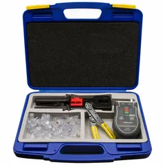 This kit includes a plier-style crimper and connectors for terminating non-insulated coax cables and modular plug connectors. It is used for installing and maintaining data cable connections in telecommunications and low-voltage systems.