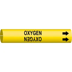 This snap-on pipe marker identifies oxygen lines in industrial piping systems. It features a yellow background with black legend and directional arrows, fitting pipe outer diameters from 2-1/2 to 3-7/8 inches. Each package contains one marker.