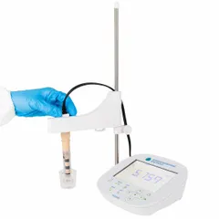 This benchtop multiparameter meter is configured for pH and salinity testing. It includes an All-In-One pH Electrode 2000, three pH buffer solutions (4.01, 7.00, 10.01), and a Universal Power Adapter with six plugs. Suitable for water and wastewater analysis in laboratory or field settings.
