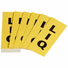 Yellow pipe markers with black 'LIQ' legend and flow-direction arrows. Each marker fits pipes with outer diameter 8 inches and larger. Pack of 50 replenishment labels for pipe marking systems.