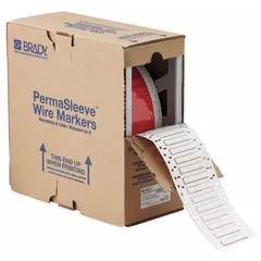 Polyolefin white matte precut sleeve label roll measuring 3/16 in x 2 in. Designed for wire gauge 10 AWG to 16 AWG. Compatible with BBP72 printer series. Used for wire and cable identification in industrial settings.