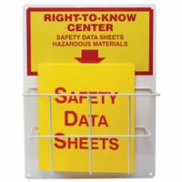 Red wall-mount safety unit for displaying notices, procedures, or compliance documents. Overall dimensions: 20 in height, 15 in width, 6 3/4 in depth. Mounting hardware not included