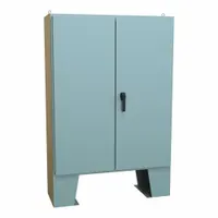 This HAMMOND steel enclosure is rated NEMA 12 for dust-tight and drip-tight protection. It measures 60 x 48 x 17 inches and includes a panel. The solid cover is hinged and secured with a handle closure. No knockouts are provided. Suitable for housing electrical controls and instruments in industrial environments where protection from dust and non-corrosive liquids is required