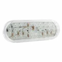 Red oval LED stop light with bracket mount and permanent installation. Complies with FMVSS 108 standards. Features female pin electrical connection. Overall height 2 5/16 in, width 6 1/2 in. Used on trucks, trailers, and heavy equipment for brake and turn signaling.